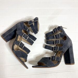 Sam Edelman Navy Blue Suede Leather Yasmina Buckled Caged Heels Size 6.5